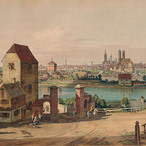 Gemälde einer kleinteiligen Stadtansicht mit Fluss, Einzelgebäuden und Menschen im Vordergrund.