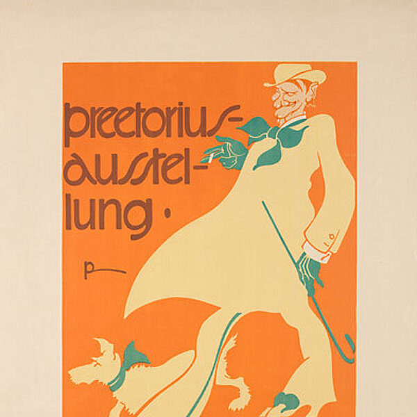Historisches Plakat in Orange und Grün, stilisierte Männerfigur mit Hund steht im wehenden Wind.