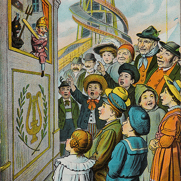 Otto Britsch, Postkarte "Gruss vom Oktoberfest." – Kasperletheater vor dem Toboggan, Verlag Franz Joseph Huber, München, 1910, Münchner Stadtmuseum