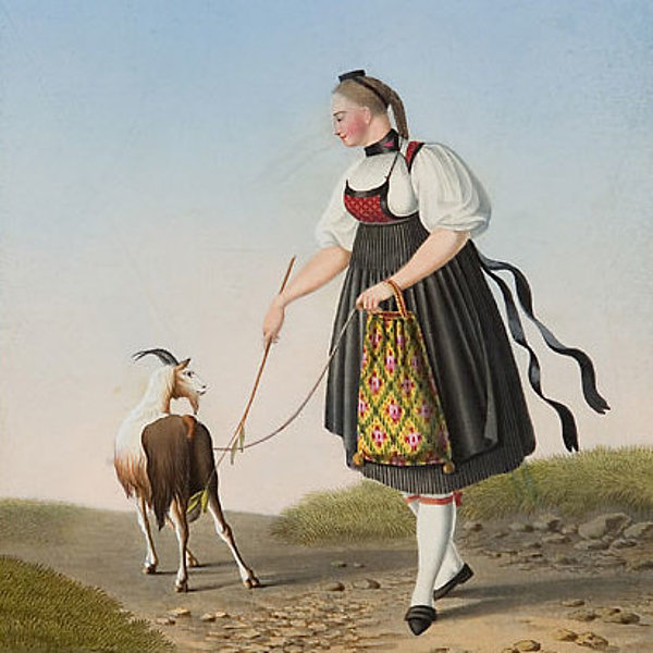 Kolorierte Radierung einer jungen Frau in traditioneller Kleidung, die eine Ziege über einen Weg führt.