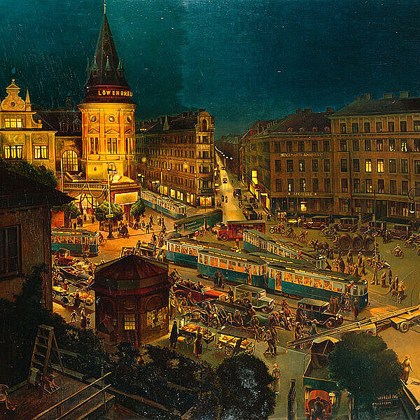 Gemälde einer detailreichen Großstadtansicht bei Nacht, belebte Straßenkreuzung mit Trambahnen, Automobilen und zahlreichen Menschen.