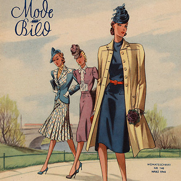 Zeitschriftencover mit drei Frauen, die an einem Fluss entlang spazieren, links oben die Aufschrift „Mode im Bild“, unten das Logo von „Ludwig Beck“.
