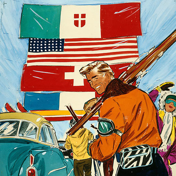 Farbige Zeichnung mehrerer Skifahrer mit geschulterten Skiern sowie einem Auto mit Skiern auf dem Dach, über der Szenerie verschieden Flaggen.
