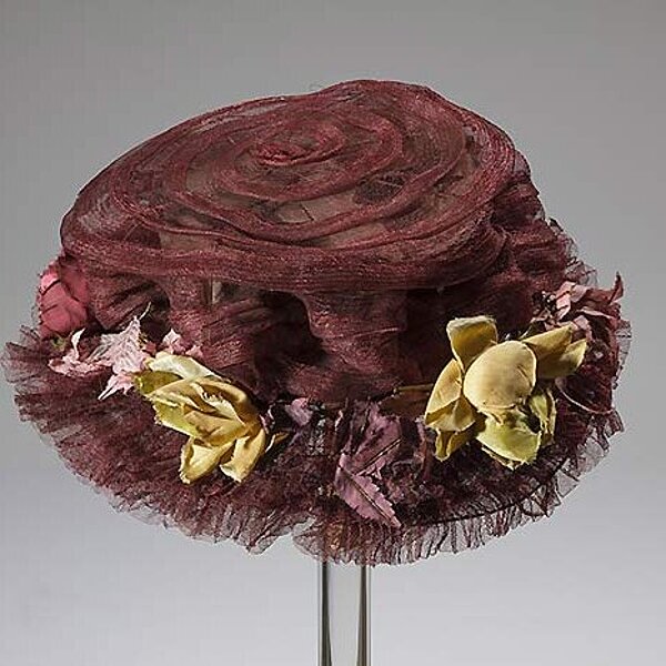 Ladies hat made of horsehair with fabric blossoms over wire frame