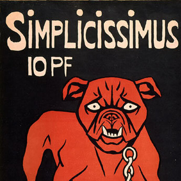 Historisches Plakat, rote Bulldogge auf schwarzem Grund, Schrift: „SIMPLICISSIMUS, 10 Pf“.
