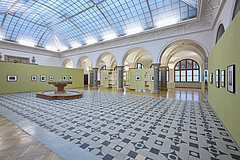 Innenbereich der Ausstellung mit grünende Stellwänden und gerahmten Fotografien