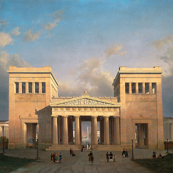 Gemälde eines prunkvollen weißen Gebäudes im Stil eines antiken griechischen Bauwerks vor blauem Himmel.