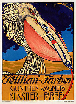 Plakat mit einem stilisierten Pelikan, der Farbtuben in seinem Schnabel hält, darunter der Schriftzug "Pelikan-Farben"