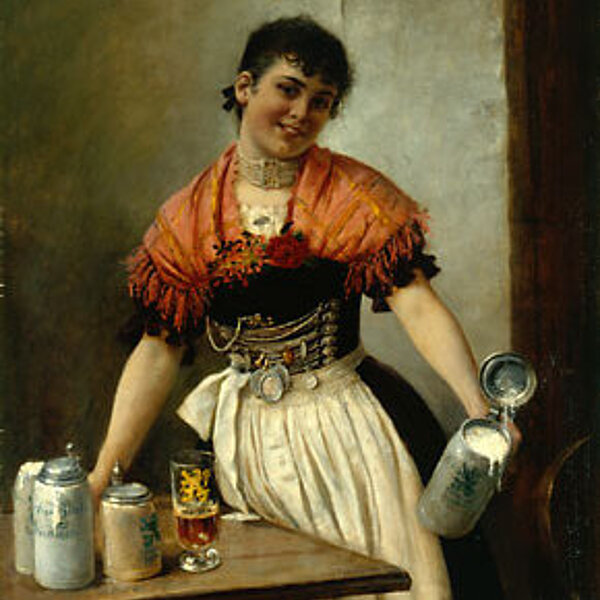 Gemälde einer jungen herausgeputzten Frau in einem prachtvollen Dirndl mit mehreren Bierkrügen, stehend neben einem Wirtshaustisch.