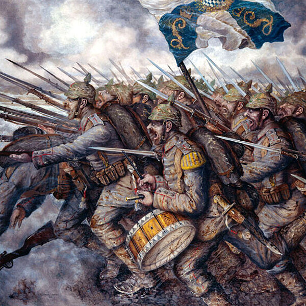 Gemälde einer Kriegsszene, mit Bajonetten angreifende Soldaten unter weiß-blauer Flagge.