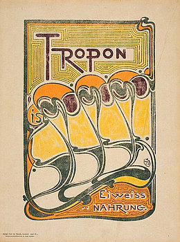 Plakat in gelb-orangen Farbtönen mit geschwungenen Linien und stilisierten Eiern und dem Schriftzug „Tropon ist Eiweiss Nahrung"
