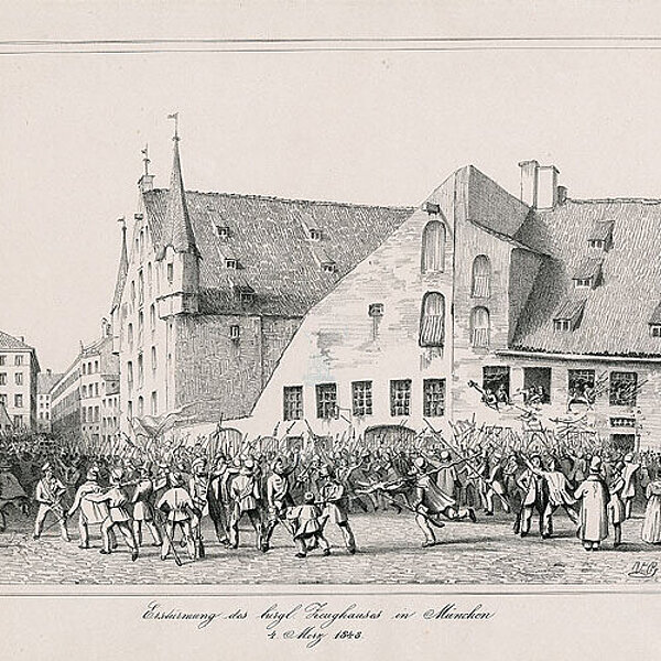 Historische Zeichnung von bewaffneten und kämpfenden Menschen auf einem Platz vor einem mehrteiligen Gebäudekomplex.