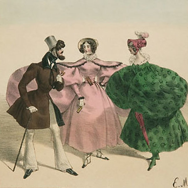 Historische Zeichnung von einem Mann und zwei Damen in sehr stoffreichen Kleidern mit übertrieben großen Keulenärmeln.