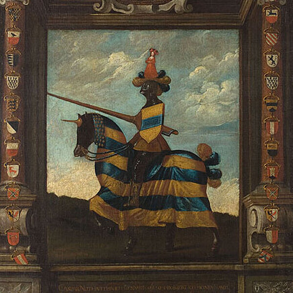 Gemälde eines Ritters auf einem Pferd, umrandet von zahlreichen Wappen.